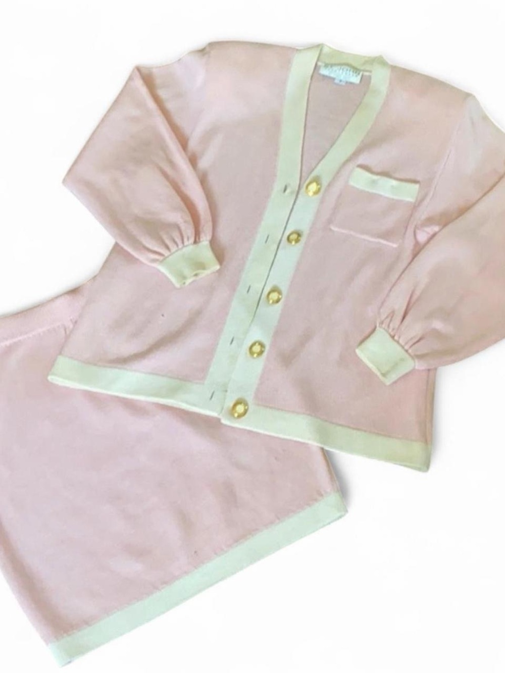ST. JOHN Vintage Powder Pink Knitted Skirt Jacket Set Suit